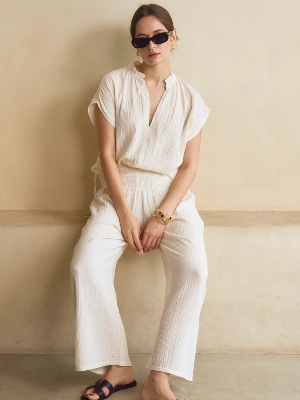 Nothing Fits But 100% Cotton MUSLIN BLOUSE & PANTS SET L/XL EGGSHELL